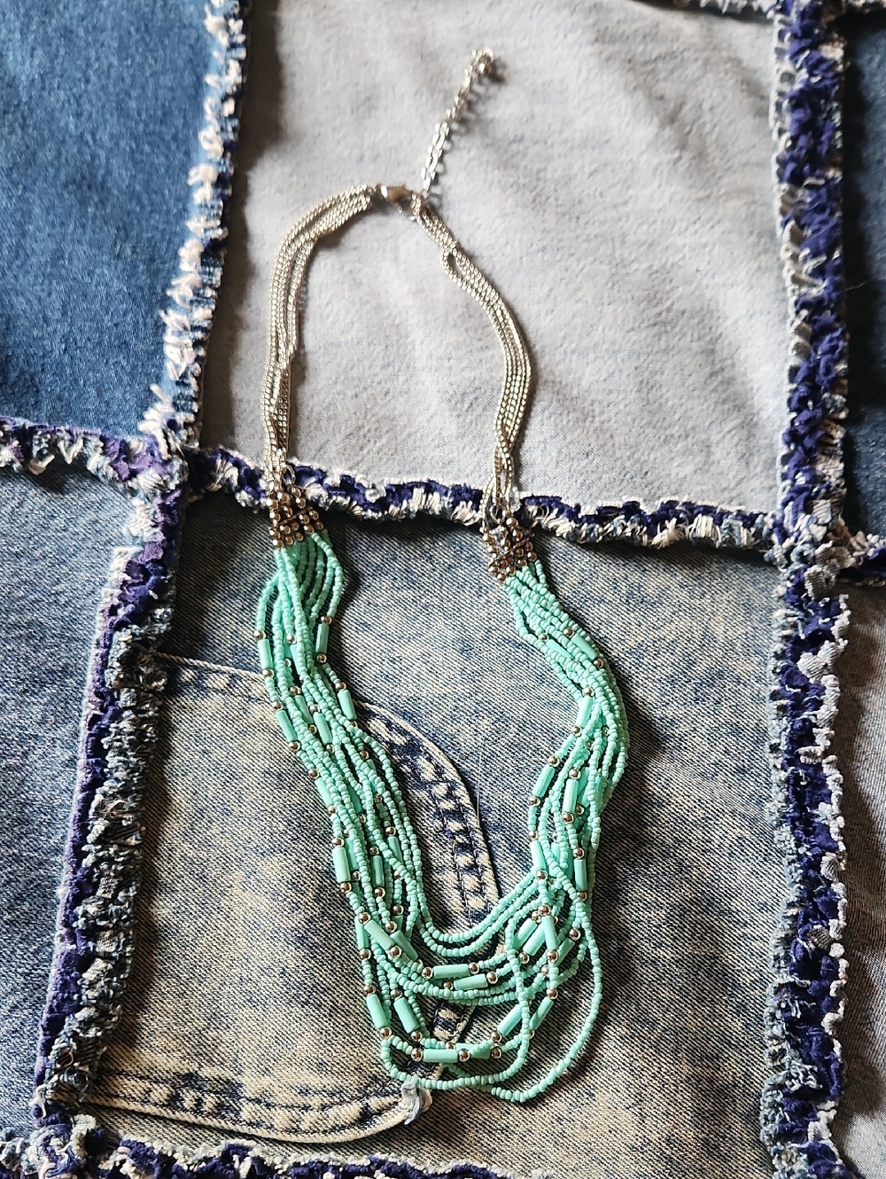 Multi-Strand Seafoam Seed Bead & Silver-tone Long Necklace